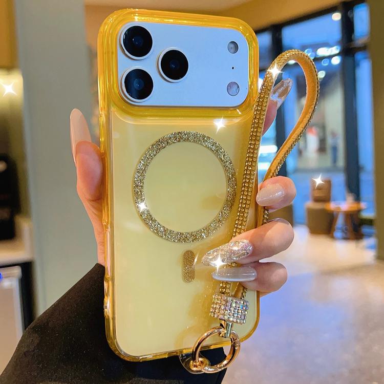For iPhone 17 Pro UTRYEE Glitter Magnetic Ring Phone Case with Rhinestone Wrist Strap(Yellow)