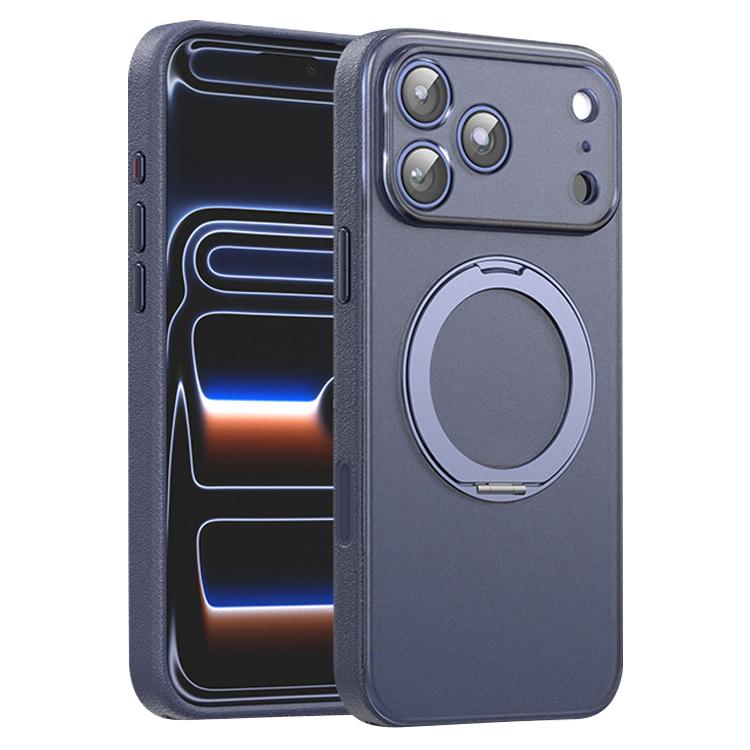 For iPhone 17 Pro Vegan Leather Magnetic Phone Case with 360 Degrees Rotating Stand(Deep Sea Blue)