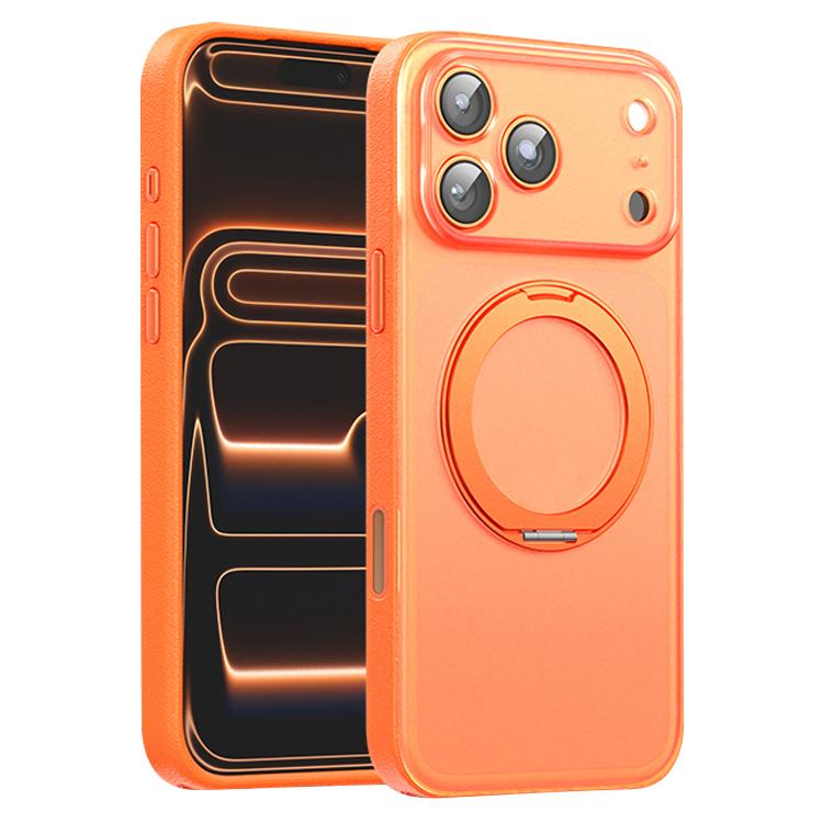 For iPhone 17 Pro Vegan Leather Magnetic Phone Case with 360 Degrees Rotating Stand(Orange)