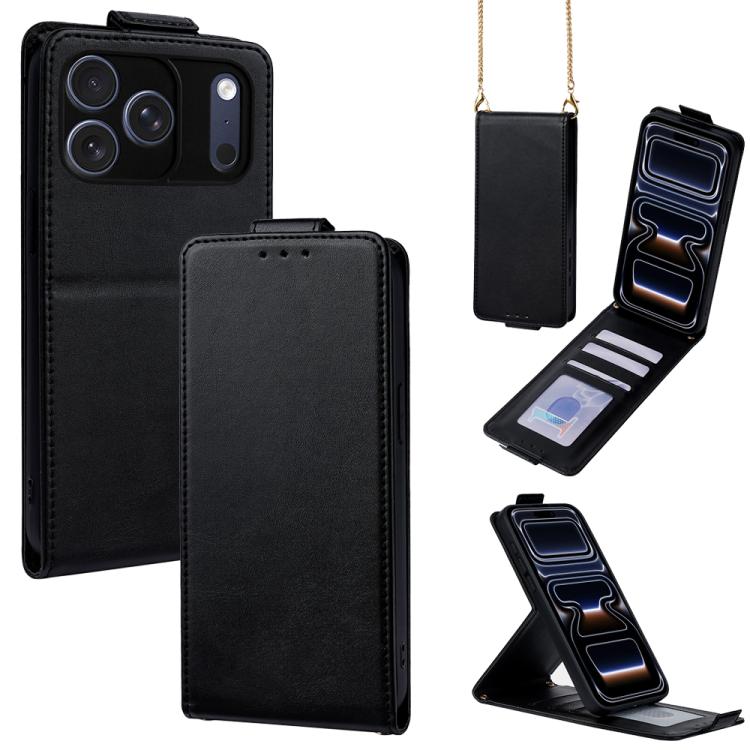 For iPhone 17 Pro Vertical Flip Cover Solid Color Vegan Leather Phone Case with Crossbody Chain(Black)