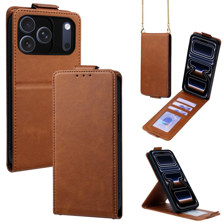 For iPhone 17 Pro Vertical Flip Cover Solid Color Vegan Leather Phone Case with Crossbody Chain(Brown)