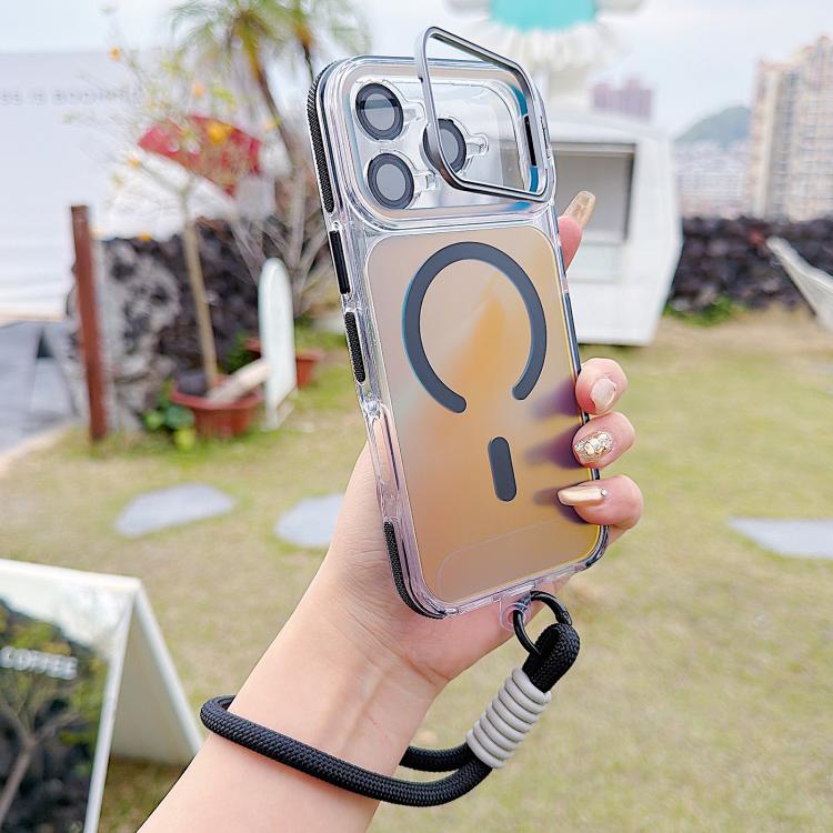 For iPhone 17 Pro Vibrant Chameleon Lens Kickstand Magnetic Phone Case with Wrist Strap(Black)