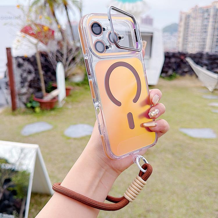 For iPhone 17 Pro Vibrant Chameleon Lens Kickstand Magnetic Phone Case with Wrist Strap(Gold)