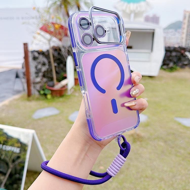 For iPhone 17 Pro Vibrant Chameleon Lens Kickstand Magnetic Phone Case with Wrist Strap(Purple)