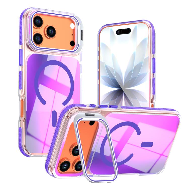 For iPhone 17 Pro Vibrant Chameleon Lens Kickstand Magnetic Phone Case(Purple)