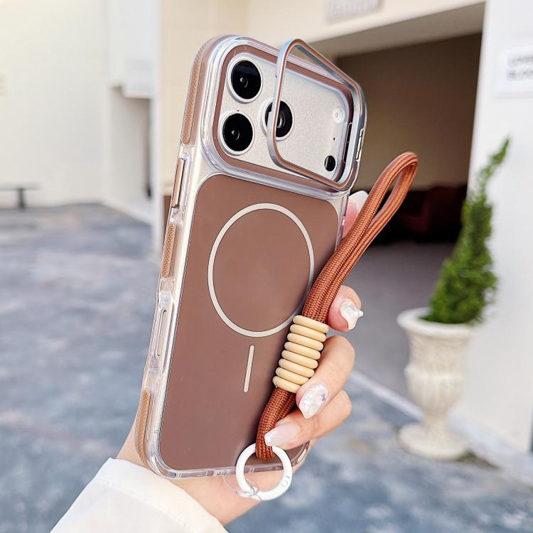 For iPhone 17 Pro Vibrant Dual-color Lens Kickstand Magnetic Phone Case with Wrist Strap(Gold)