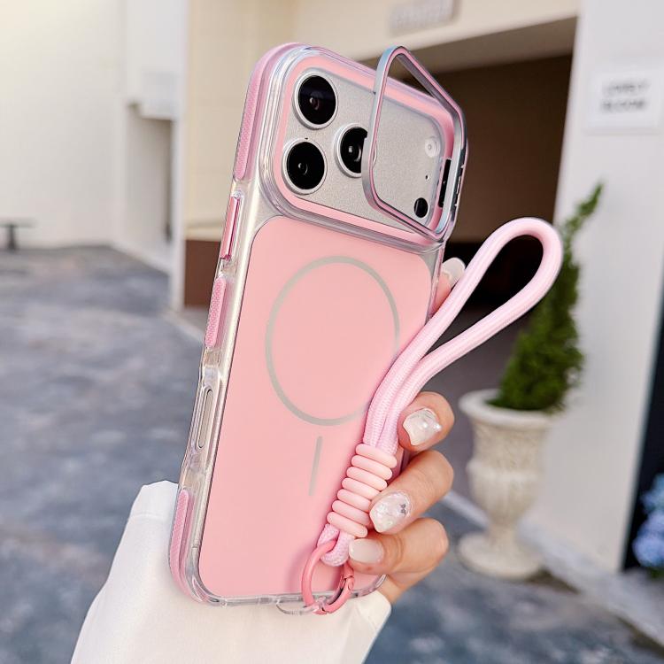 For iPhone 17 Pro Vibrant Dual-color Lens Kickstand Magnetic Phone Case with Wrist Strap(Pink)
