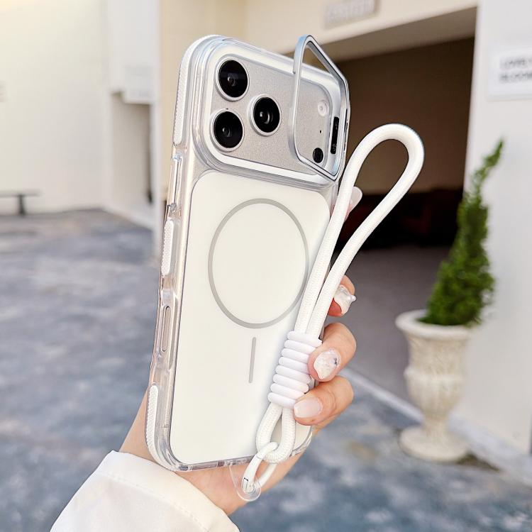 For iPhone 17 Pro Vibrant Dual-color Lens Kickstand Magnetic Phone Case with Wrist Strap(White)