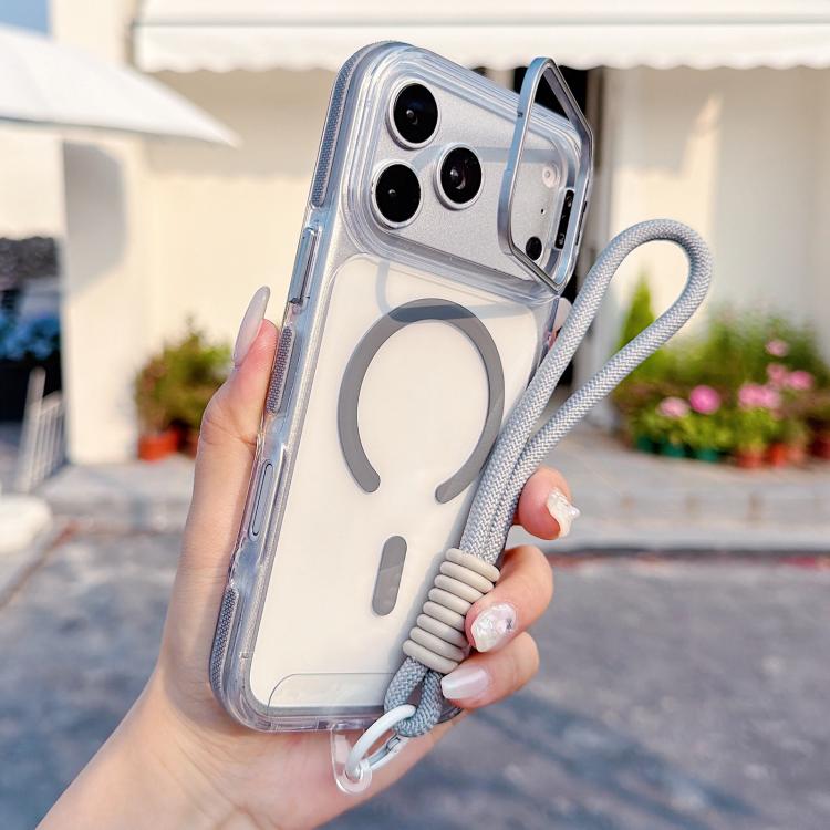 For iPhone 17 Pro Vibrant Transparent Lens Kickstand Magnetic Phone Case with Wrist Strap(Grey)