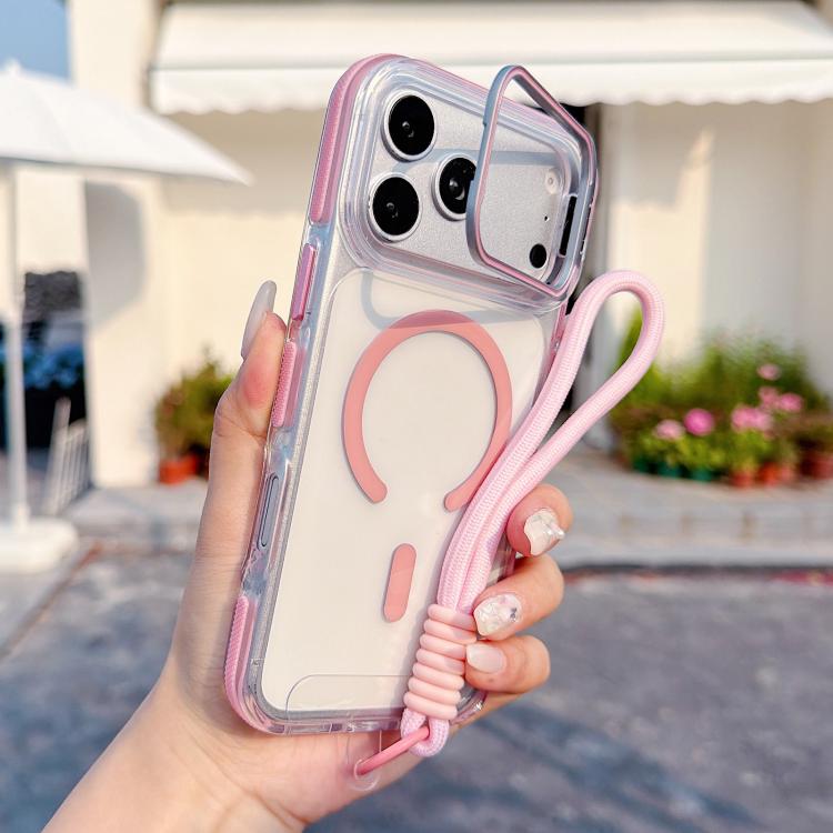 For iPhone 17 Pro Vibrant Transparent Lens Kickstand Magnetic Phone Case with Wrist Strap(Pink)