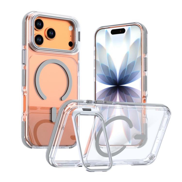 For iPhone 17 Pro Vibrant Transparent Lens Kickstand Magnetic Phone Case(Grey)