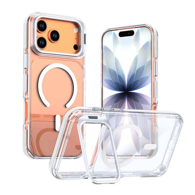 For iPhone 17 Pro Vibrant Transparent Lens Kickstand Magnetic Phone Case(White)