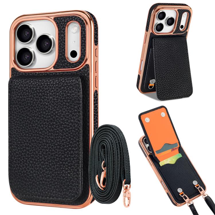 For iPhone 17 Pro VIETAO Litchi Texture Wallet PU Phone Case with Lanyard(Black)