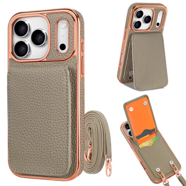 For iPhone 17 Pro VIETAO Litchi Texture Wallet PU Phone Case with Lanyard(Grey)