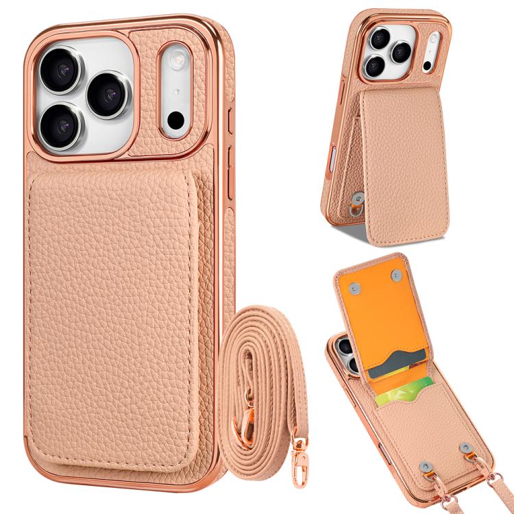 For iPhone 17 Pro VIETAO Litchi Texture Wallet PU Phone Case with Lanyard(Pink)