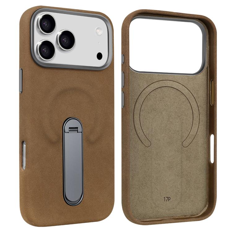 For iPhone 17 Pro VIETAO Suede MagSafe PU Leather Phone Case with Holder(Dark Brown)