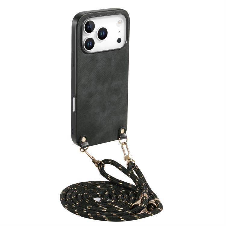 For iPhone 17 Pro Vintage Leather PC Back Cover Phone Case with Crossbody Strap(Black)