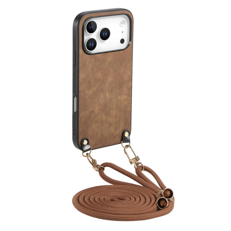 For iPhone 17 Pro Vintage Leather PC Back Cover Phone Case with Crossbody Strap(Brown)