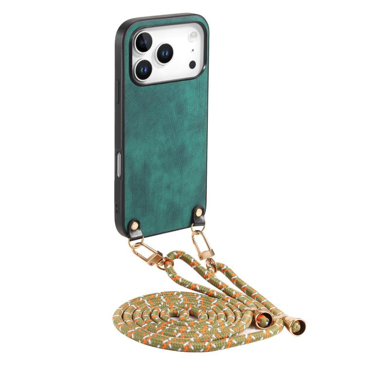 For iPhone 17 Pro Vintage Leather PC Back Cover Phone Case with Crossbody Strap(Green)