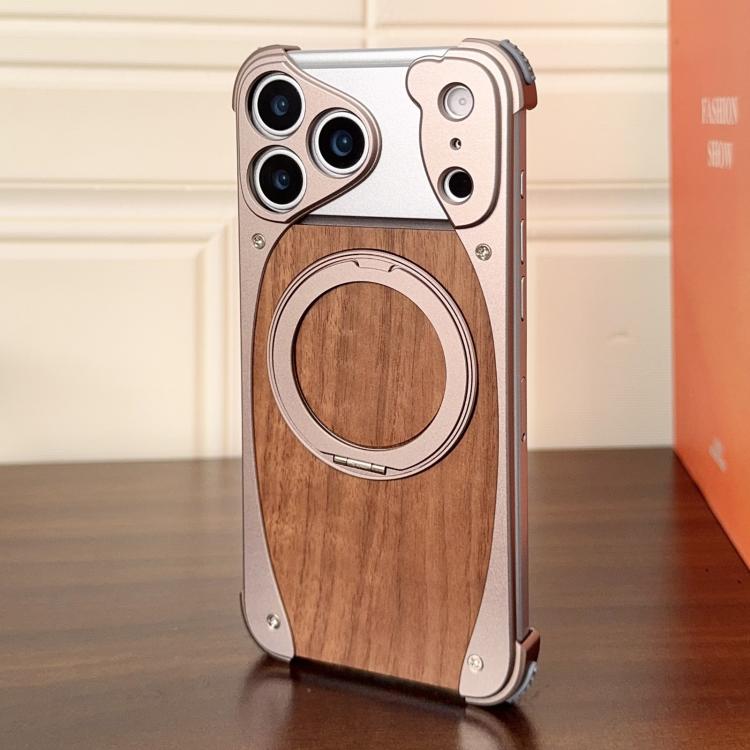 For iPhone 17 Pro Walnut Metal Frameless 360 Degree Rotation Holder MagSafe Phone Case(Dessert Gold)