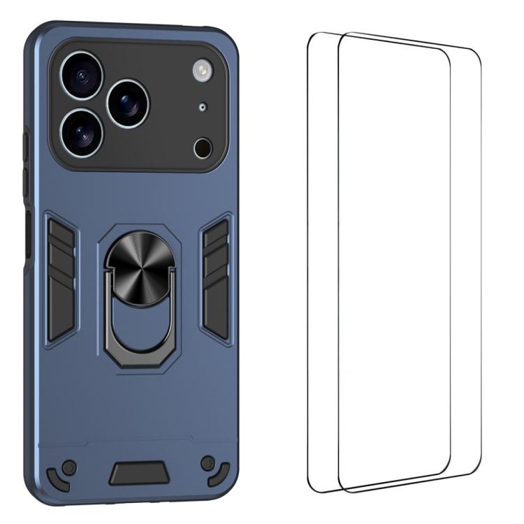 For iPhone 17 Pro WANLONFENG Armor Kickstand Shockproof Phone Case with 2pcs Screen Films(Blue)