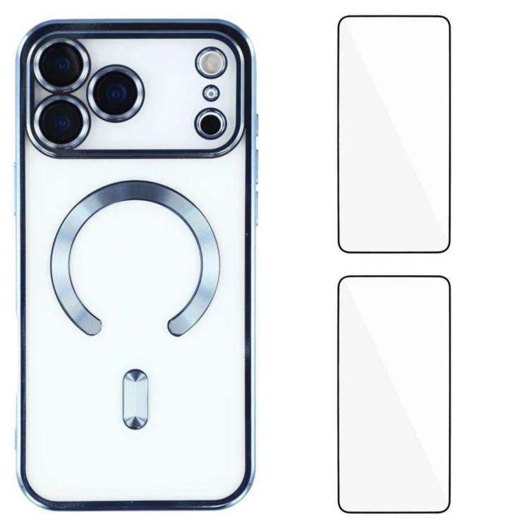 For iPhone 17 Pro WANLONFENG CD Magnetic Electroplated TPU Phone Case with 2pcs Screen Films(Blue)