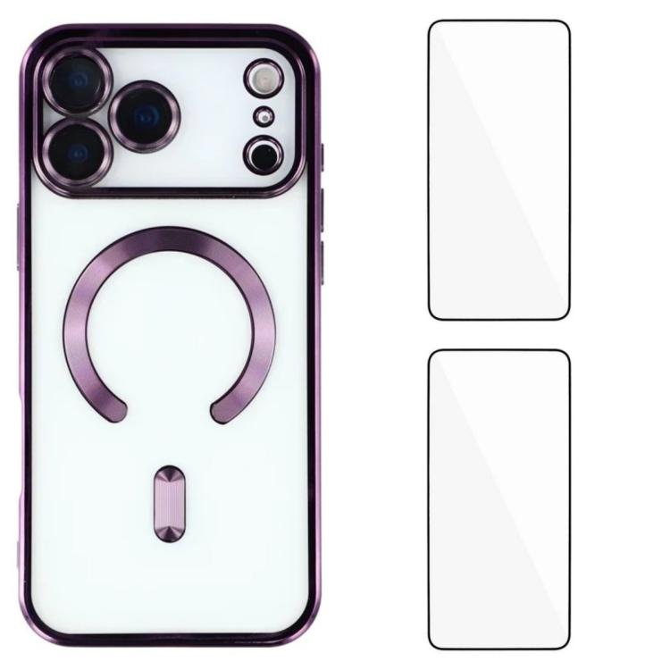 For iPhone 17 Pro WANLONFENG CD Magnetic Electroplated TPU Phone Case with 2pcs Screen Films(Purple)