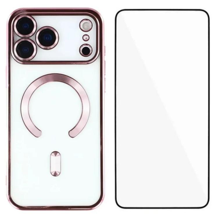For iPhone 17 Pro WANLONFENG CD Magnetic Electroplated TPU Phone Case with Screen Protector(Pink)
