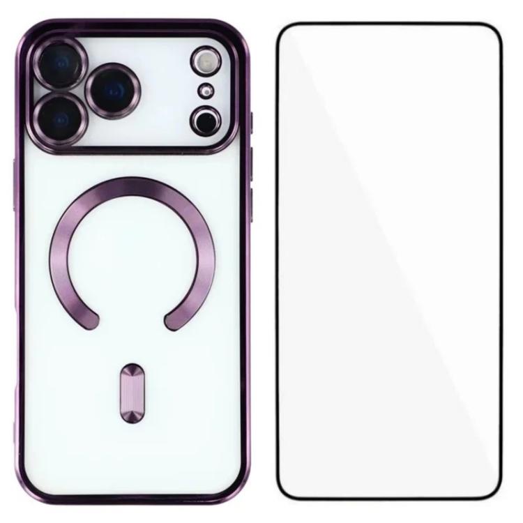 For iPhone 17 Pro WANLONFENG CD Magnetic Electroplated TPU Phone Case with Screen Protector(Purple)