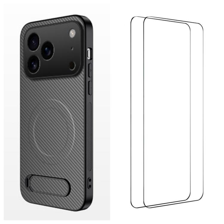 For iPhone 17 Pro WANLONFENG Kickstand Carbon Fiber Texture Magnetic Phone Case with 2pcs Screen Films(Grey)