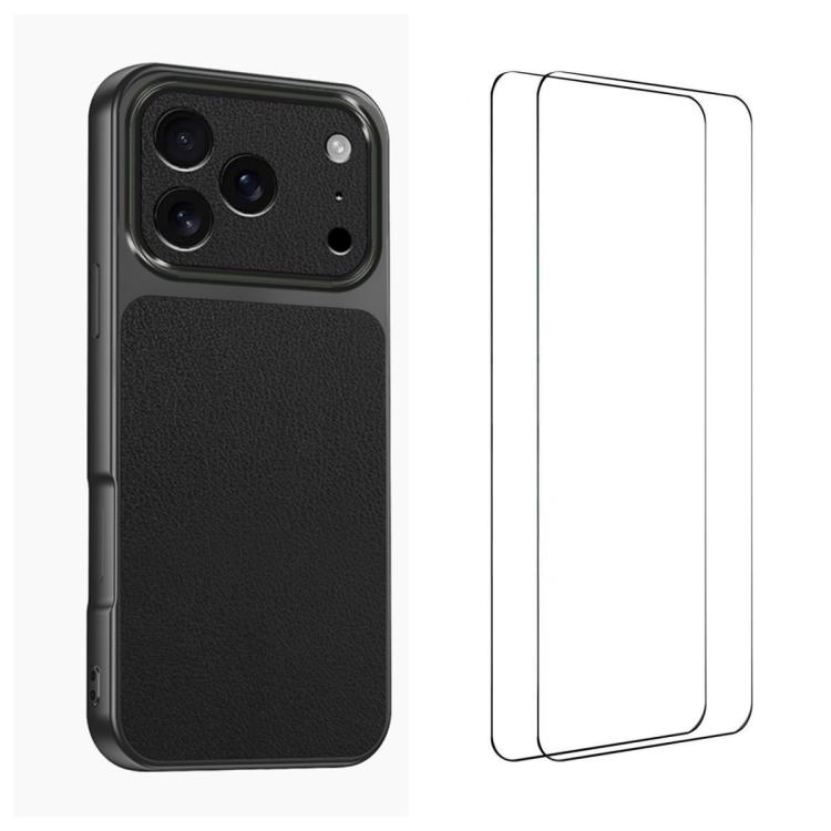For iPhone 17 Pro WANLONFENG Lambskin Texture PC TPU Phone Case with 2pcs Screen Films(Black)