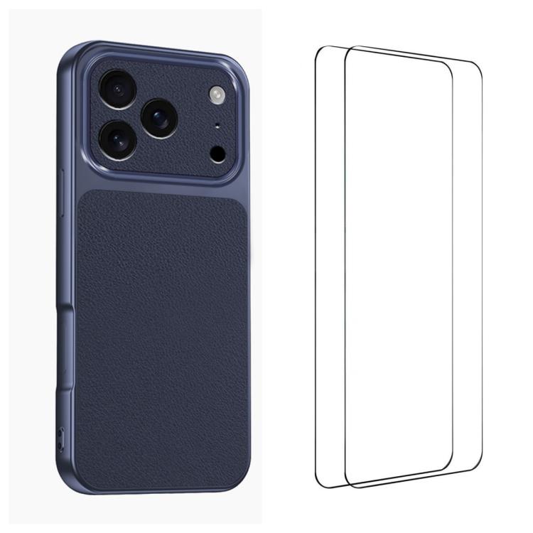 For iPhone 17 Pro WANLONFENG Lambskin Texture PC TPU Phone Case with 2pcs Screen Films(Blue)