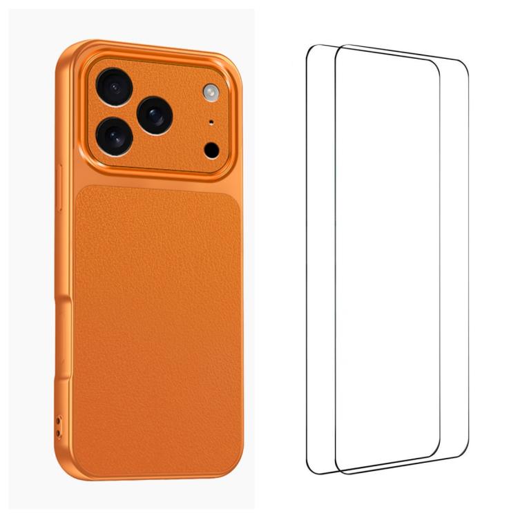For iPhone 17 Pro WANLONFENG Lambskin Texture PC TPU Phone Case with 2pcs Screen Films(Orange)