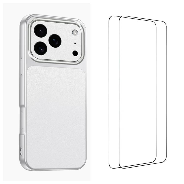 For iPhone 17 Pro WANLONFENG Lambskin Texture PC TPU Phone Case with 2pcs Screen Films(White)