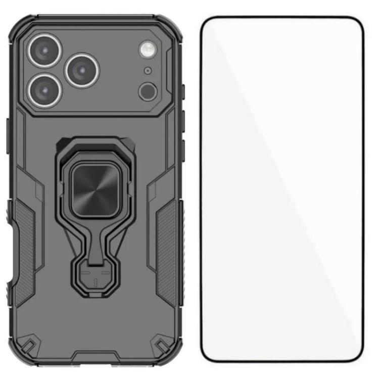 For iPhone 17 Pro WANLONFENG Metal Kickstand Phone Case with Screen Protector(Black)