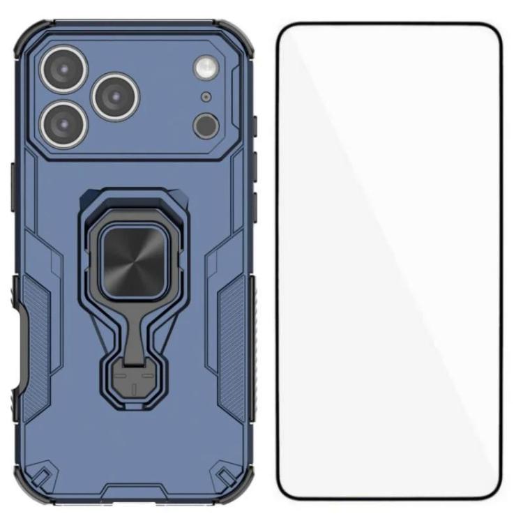 For iPhone 17 Pro WANLONFENG Metal Kickstand Phone Case with Screen Protector(Blue)