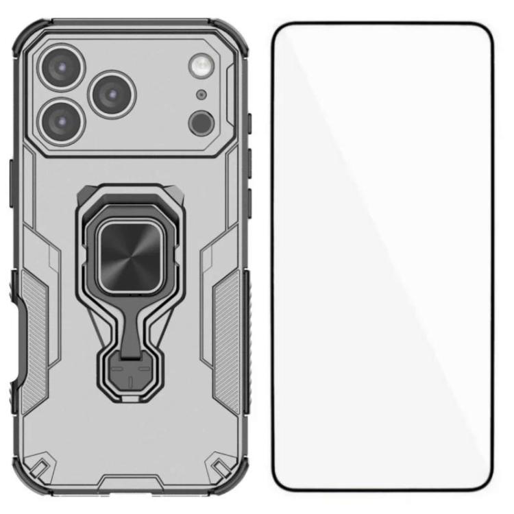For iPhone 17 Pro WANLONFENG Metal Kickstand Phone Case with Screen Protector(Grey)