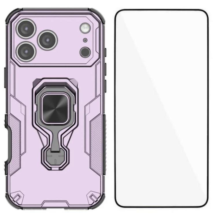For iPhone 17 Pro WANLONFENG Metal Kickstand Phone Case with Screen Protector(Purple)