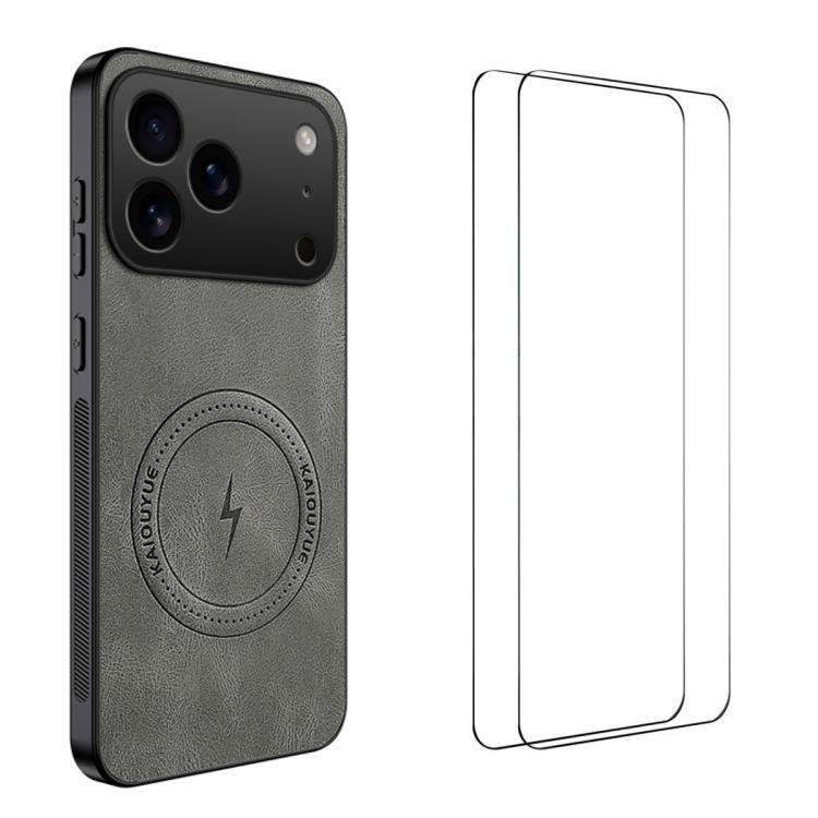 For iPhone 17 Pro WANLONFENG Nappa Texture Magnetic Phone Case with 2pcs Screen Films(Grey)