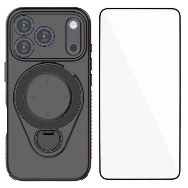 For iPhone 17 Pro WANLONFENG Ring Kickstand Phone Case with Screen Protector(Black)