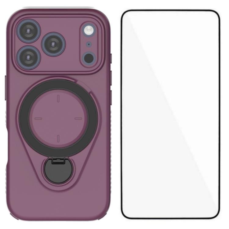 For iPhone 17 Pro WANLONFENG Ring Kickstand Phone Case with Screen Protector(Wine Red)