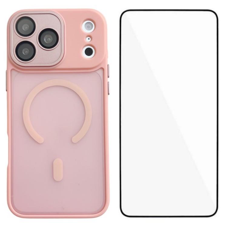 For iPhone 17 Pro WANLONFENG Skin-feel Magnetic PC Hybrid TPU Phone Case with Screen Protector(Pink)