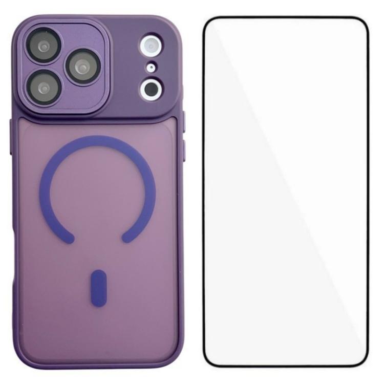 For iPhone 17 Pro WANLONFENG Skin-feel Magnetic PC Hybrid TPU Phone Case with Screen Protector(Purple)
