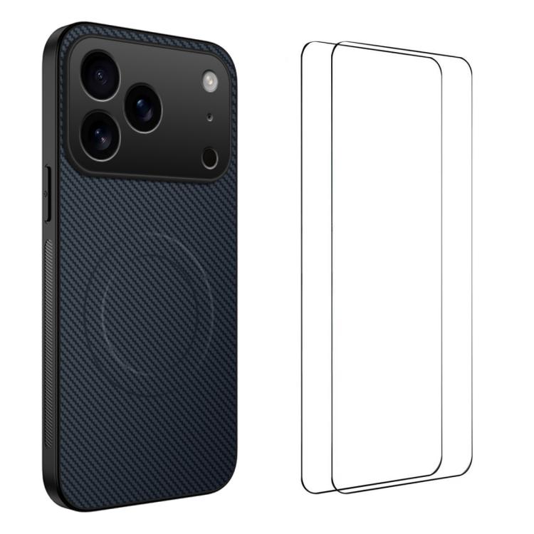 For iPhone 17 Pro WANLONFENG TQ1 Series Magnetic Carbon Fiber Texture Phone Case with 2pcs Screen Films(Sapphire Blue)