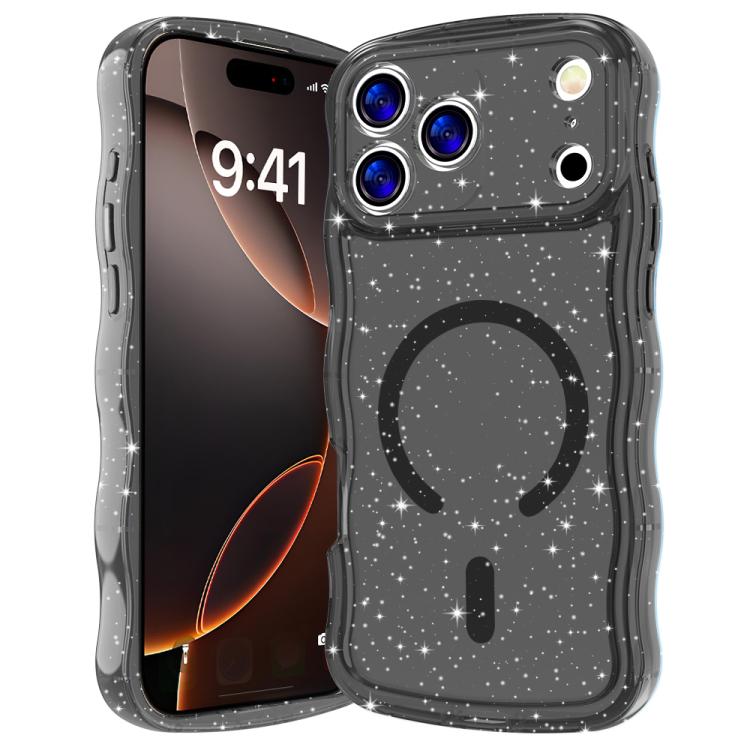 For iPhone 17 Pro Wave Glitter MagSafe Magnetic TPU Phone Case(Transparent Black)