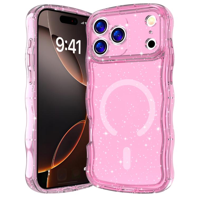 For iPhone 17 Pro Wave Glitter MagSafe Magnetic TPU Phone Case(Transparent Pink)