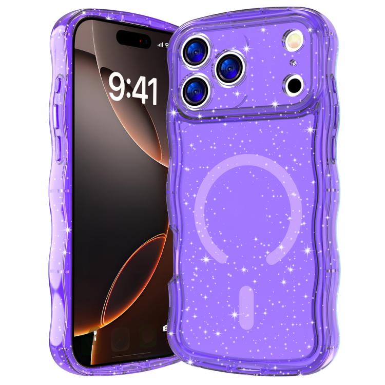 For iPhone 17 Pro Wave Glitter MagSafe Magnetic TPU Phone Case(Transparent Purple)