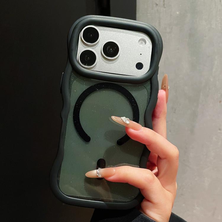 For iPhone 17 Pro Wavy Edge Translucent Glitter Magnetic Phone Case(Black)