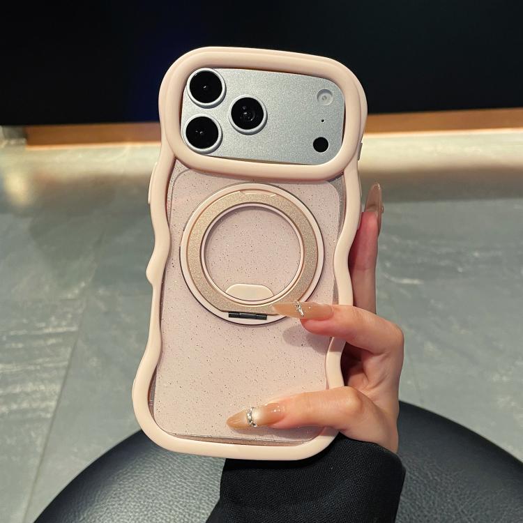 For iPhone 17 Pro Wavy Edge Translucent Glitter Rotating Bracket Magnetic Phone Case(Pink)