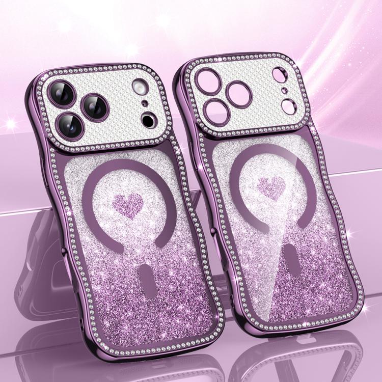 For iPhone 17 Pro Wavy Frame Star Diamond Electroplate TPU Glitter Heart Magnetic Phone Case(Gradient Purple)